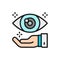 Hand with eye, optical clinic flat color line icon.