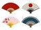 Hand fans set isolated on white background, Japanese and Chinese folding fan, Traditional Asian paper geisha fan. Vector