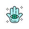 Hand of Fatima, Hamsa mascot, talisman, amulet flat color line icon.