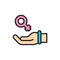 Hand with female symbol, women support, feminism flat color line icon.