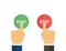 Hand with finger press start stop green and red button. Click icon vector. Press button icon vector. Electric power icon