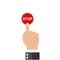 Hand finger pressing of red button STOP. Vector illustration