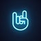 Hand finger rock sign. Neon icon isolated on black. Music, concert, night club, festival symbol. Vector