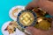 Hand or fingers picking Binance Coin BNB group included with Crypto currency Dogecoin DOGE, bitcoin BTC, Ethereum ETH symbol