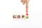 Hand flip wooden cube to changes the direction of an arrow symbolizing that the GDP gross domestic product of a country