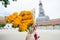 Hand with flower, incense stick and candles for worship Buddha i