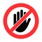 Hand forbidden stop red and black icon.