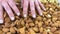 Hand Full of Mixed Nuts Over More Nuts in the Background on Black Table. Selective Focus on Hand. Top View.