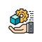 Hand with gear wheel and cube, engineering tools concept flat color icon.