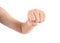 A hand gesture of punching in front of white background