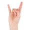 Hand gesture - Rock sign, isolated on a white background. female palms indicate something, blank for your design.