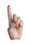Hand gesture on a white background. The index finger points upwards