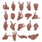 Hand gestures, finger marks, sign language icon set, stencil, logo, silhouette. Monochrome drawing of wrist, hands showing various