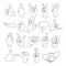 Hand gestures outline, finger marks, sign language icon set, stencil, logo, silhouette. Line drawing of wrist, hands showing