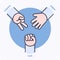 Hand gestures playing the game rock-paper-scissors, icon, vector design, isolated background