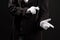 Hand gestures. Showman or magician illusionist in white gloves on a black background.