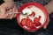 Hand girl plate cottage cheese strawberry healthy spoon