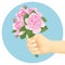 Hand gives bouquet of pink roses. Beautiful flowers as a gift. Greeting card, banner.