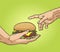 Hand gives a burger to other hand pop art vector