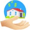 Hand gives house and receives money for it. Person buy apartments on mortgage and pay to bank