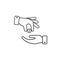 Hand gives money coin to other person icon, give alms, donate web outline icon. Vector illustration