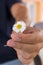 Hand gives a small camomile or daisy flower as a romantic gift. Summer morning in the country village