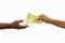 Hand giving 10000 Burundian franc notes to another hand. Hand receiving money