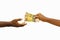 Hand giving 3D rendered Ugandan shilling notes to another hand. Hand receiving money