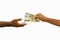 Hand giving 3D rendered Zambian Kwacha notes to another hand. Hand receiving money