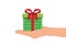 Hand giving green gift box with red ribbon vector illustration