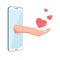 Hand giving heart from smartphone, love concept. Vector illustration