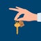 hand giving house keys. Keyholder. Home rental, buying property, real estate. Sharing apartment service