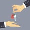 Hand giving house keys. vector real estate, buying home concept