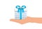 Hand giving luxury blue gift box vector illustration