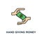 hand giving money bills to another hand, receiving money icon. payment, debt repayment, outline business design, concept symbol