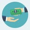 Hand giving money to other hand flat design vector illustration