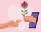 hand giving rose in smartphone