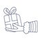 Hand giving wrapped gift box with a bow. Concept of sharing, gifting and receiving gift, surprise, Christmas, holiday. Hand drawn