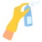 Hand in gloves holds a bottle of antiseptic spray with aerosol. Detergent and disinfectant. Antiseptic spray in flask.