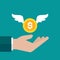 Hand with gold dollar coin with wings. Vector flat illustration on blue. Give, receive, take, earn money