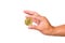 Hand with golden bitcoin coin on white background. Man\'s hand holding bitcoin crypto currency.