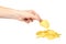 Hand with golden color potato chips, crunchy and wavy