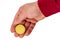 Hand with golden cryptocurrency coin