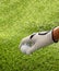 Hand in golf glove holding a golfball, green course lawn background, close up view