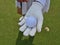 Hand golf glove with white golf ball on green background