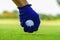 Hand Golfer hold Golf ball with tee ready to be shot at golf court