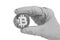 Hand in Gray Glove holds Bitcoin Crypto Currency.Mining concept.