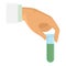 Hand green test tube icon, flat style