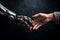 Hand greeting with artificial intelligence, robot hand and human hand touching each other. Technology meets humanity