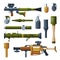 Hand Grenade and Bazooka Portable Rocket Launcher Collection, Military Combat Army Weapon Objects Flat Style Vector